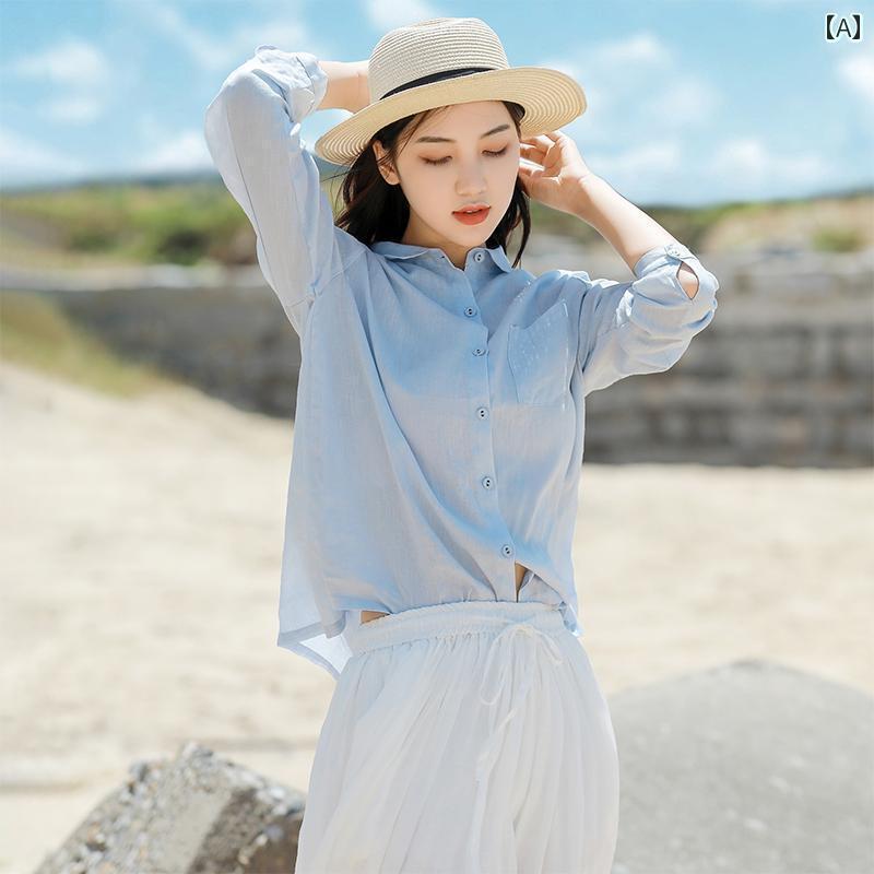 レディース　　シャツ　トップス ライト ブルー リネン レディースシャツ 春服 ハイエンド 春秋 スーツ ゆったり 文学 トップ｜サポートシェアグローバル