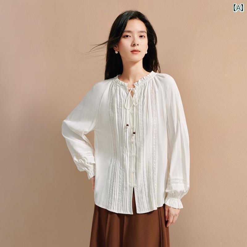レディース　　シャツ　トップス INMAN フレンチ リネン 通勤 シャツ レディース 2025 春 スタイル レースアップ ウッド 耳 襟 刺繍入り 長袖 トップス｜サポートシェアグローバル