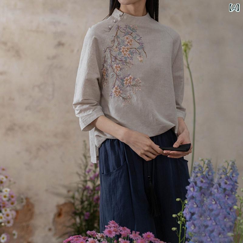 レディース  プルオーバー トップス 【 手 刺しゅう】 Yanzuo 雨 露 リネン 点火装置 中国 綿 麻 プルオーバー ニッケル Ya 2