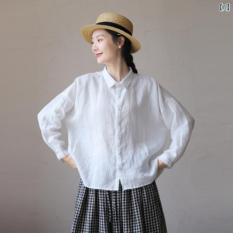 レディース　　シャツ　トップス Her City 夏 ラミー クール 通気性 シャツ ゆったり コットンリネン 文学 レディース 長袖 トップス ボトム｜サポートシェアグローバル