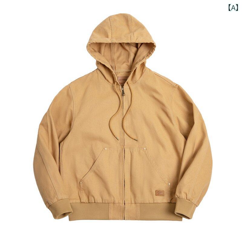 メンズ　　ジャケット　シンプル Madden ワークウェア アメリカン レトロ J 130 ヘビー フード付き ジャケット ヴィンテージ ブラック ショート キャンバス メンズ 春