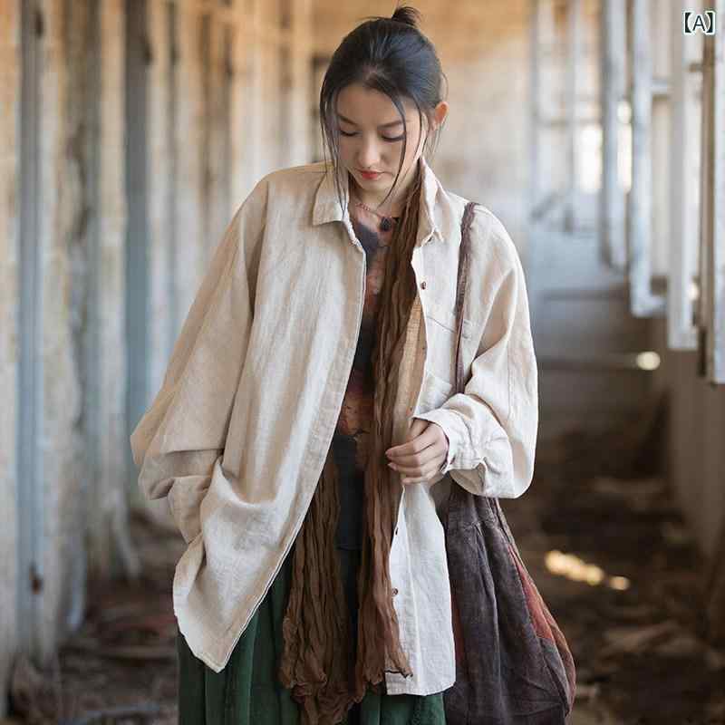 レディース Tシャツ ゆったり コットンと リネンの 大きいサイズ カーディガン トップス 女性用 2025年 ボタン スタンドカラー 長袖 シャツ バット スリーブ
