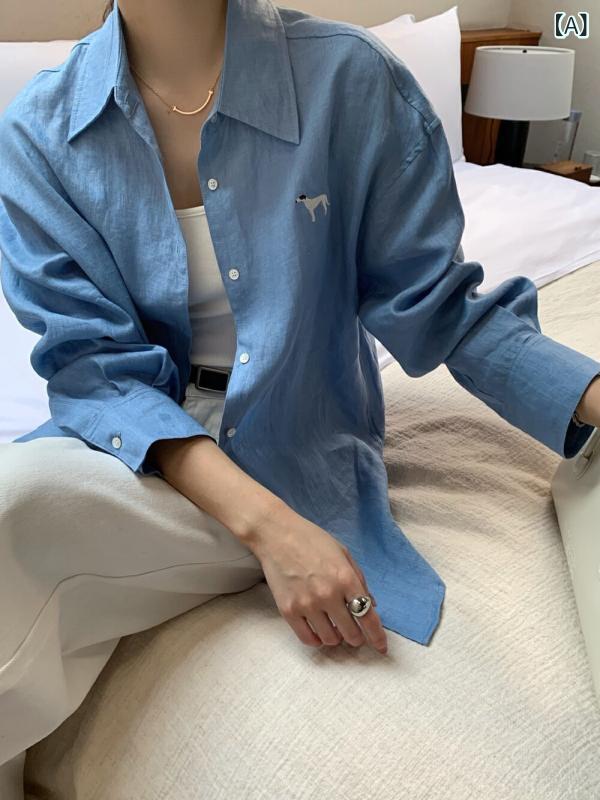 レディース　　Tシャツ　ゆったり 【 TE】 100 % リネン ゆったり 刺繍 シャツ 春夏 シンプル 韓国 カーディガン｜サポートシェアグローバル
