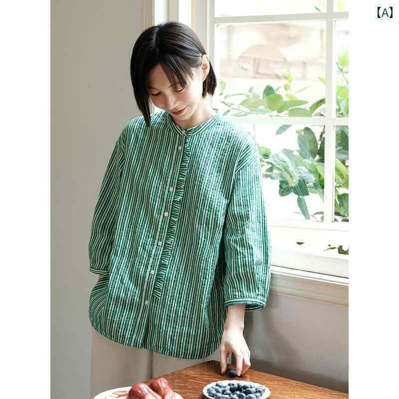 トップス　レディース　シャツ 高 密度 糸 染め ジャカード リネン コットン 夏 薄手 ミント マンボ スタイル ストライプシャツ トップス 女性用 Ke Ran Jue｜サポートシェアグローバル