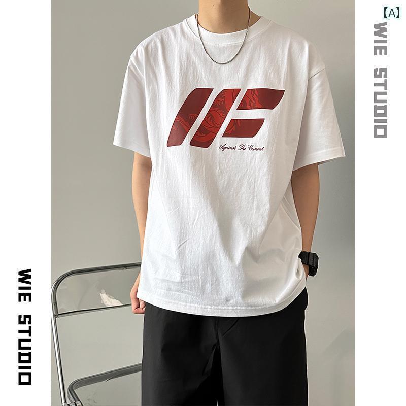 Tシャツ　メンズ　おしゃれ WIE STUDIO レター 半袖 Tシャツ 男女兼用 綿 トップス 夏 アメリカン スタイル カジュアル カップル
