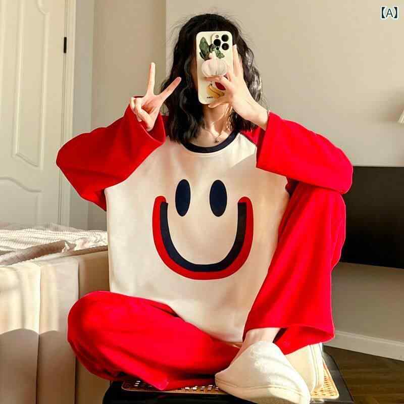 パジャマ　レディース　上下 の スマイリーフェイス 300 ジン パジャマ レディース 春秋 長袖 太った 女の子向け スタイル 綿 アウターウェア ホームウェア スーツ