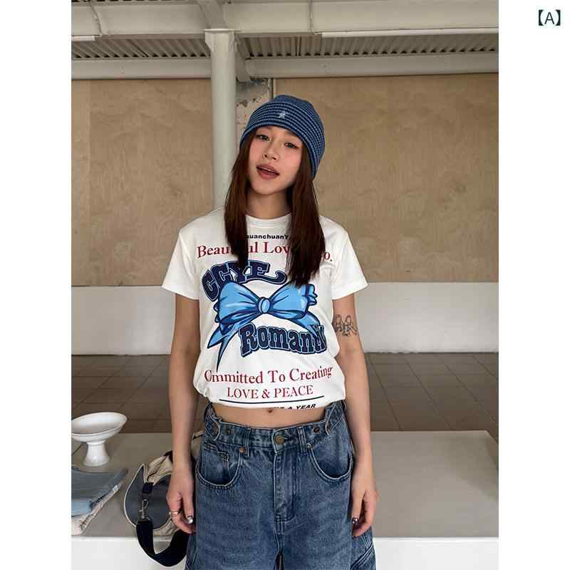 Tシャツ　レディース　かわいい 川 葉 佳 蝶 結び ストレート ショルダー プリント 半袖 Tシャツ レディース アメリカン スタイル小 丸 首 280 g やや ゆったり トップス