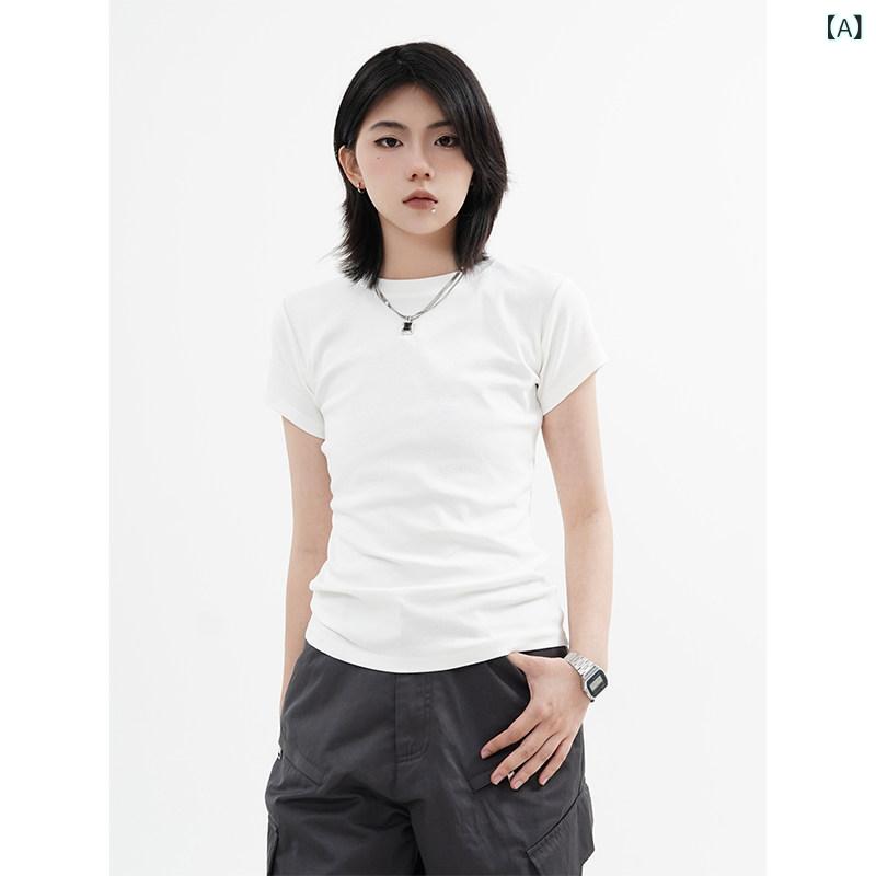 Tシャツ　レディース　かわいい チュアン イェ アメリカン ストリート 無地 半袖 Tシャツ 男女兼用 レトロ ストレート ショルダー小 襟 トップス スリムフィット ホット ガール