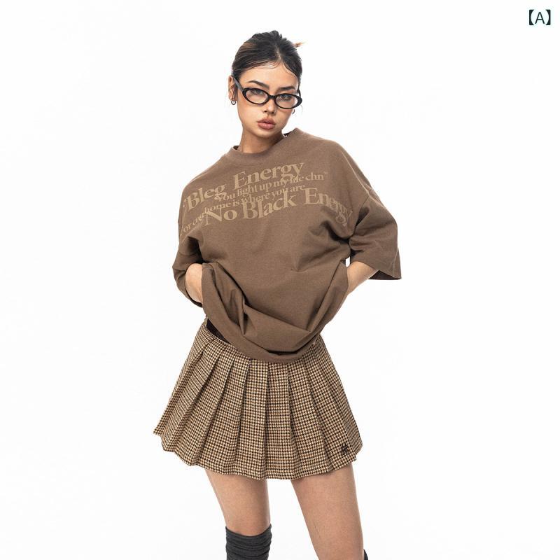 Tシャツ　レディース　かわいい BLACKBB / アメリカン レトロ レター プリント 半袖 Tシャツ 男女兼用 夏用 ゆったり カジュアル カップル トップス