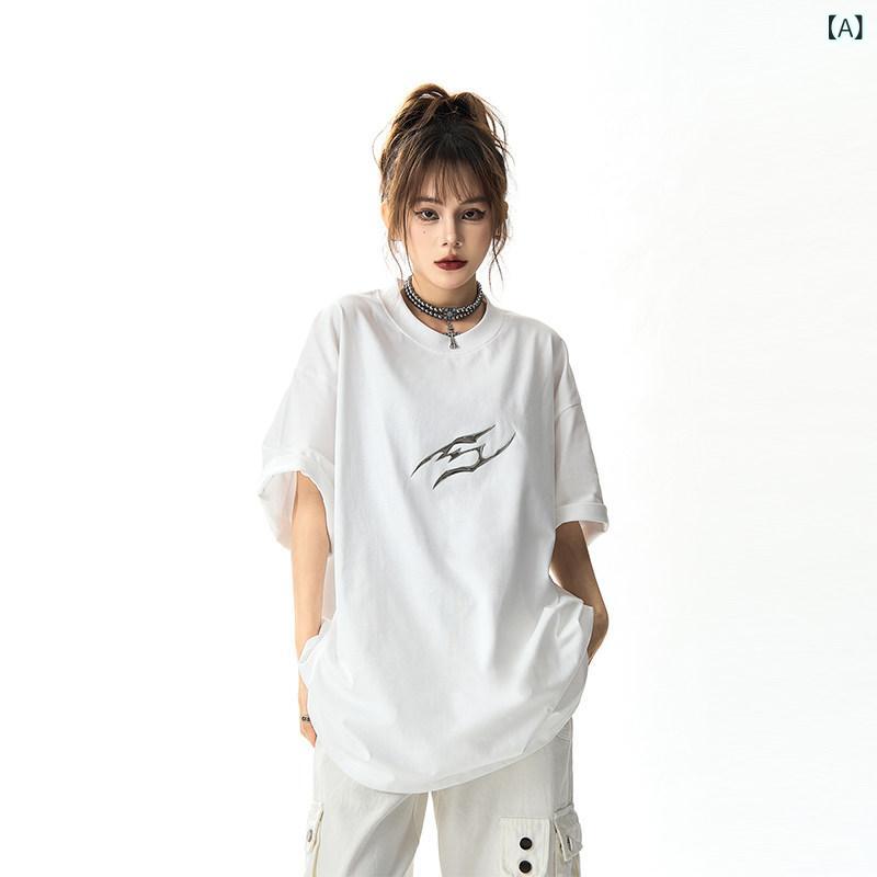 Tシャツ　レディース　かわいい デイモン アイランド ストリート 液体 金属 プリント 半袖 女性用 イン カップル Tシャツ 夏