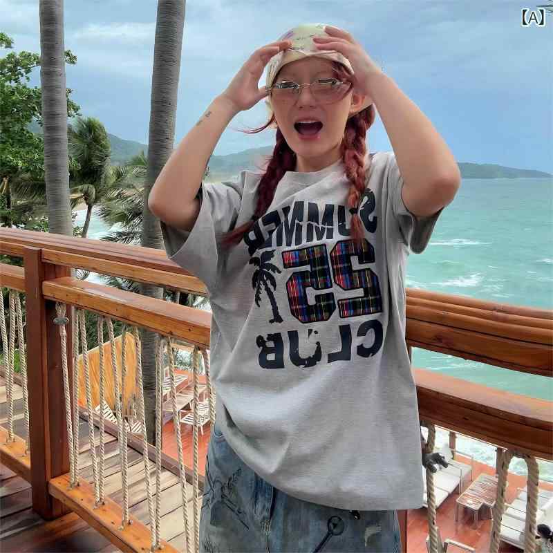 Tシャツ　レディース　かわいい 地元の エイリアン サロン アメリカン レトロ 夏 ココナッツ ツリー 半袖 チェック 柄 プリント カジュアル ハーフスリーブ