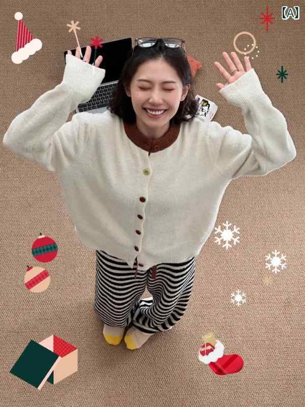 レディース　パジャマ　スウェット　上下 秋冬 韓国 ストライプ 半端 縁 ベルベット パジャマ 女性用 裏起毛 厚手 ニット ホームウェア 大きいサイズ スーツ