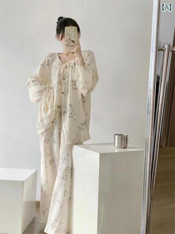 レディース　パジャマ　スウェット　上下 チャイナ風 綿 パジャマ 女性 春秋 ベビー ガーゼ 民族 風 長袖 ズボン 産前 ホーム 服 大きいサイズ スーツ