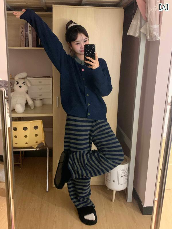 レディース　パジャマ　スウェット　上下 ストライプの カジュアル 秋冬用 ハーフ エッジ フリース パジャマ。 韓国 シンプルで 暖かい ニットカーディガン。 冬でも 外で 着られる ホームウェア。 5,157円