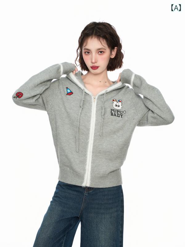 パーカー　フード付き　ニット グレーの フード付き ジッパー ニット セーター ジャケット 女性用 早春秋 ショート カーディガン 2025 トップス