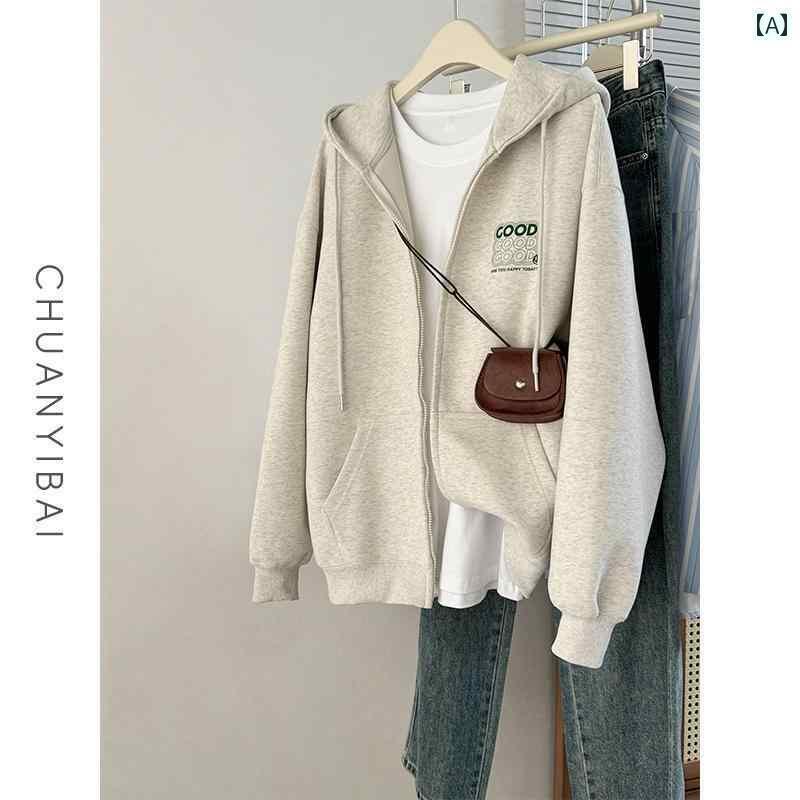 パーカー　フード付き　ニット Chuanyibai グレー フード付き ジッパー セーター レディース 秋 プリント レター カーディガン コート BF スタイル