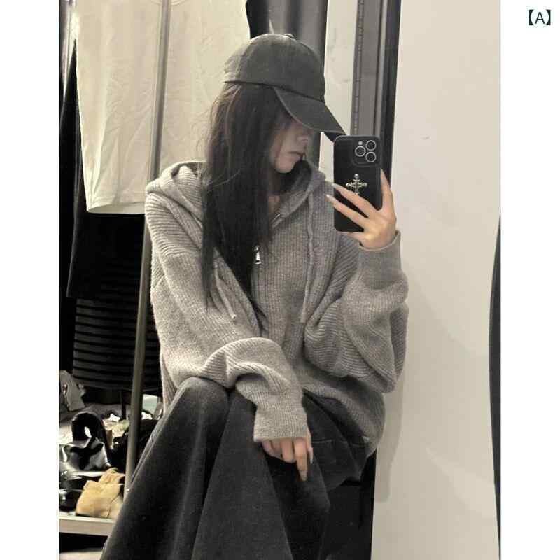 パーカー　フード付き　ニット 韓国 アライグマ ベルベット グレー ジッパー フード付き セーター 女性用 秋冬用 な 高級 ニットカーディガン ジャケット