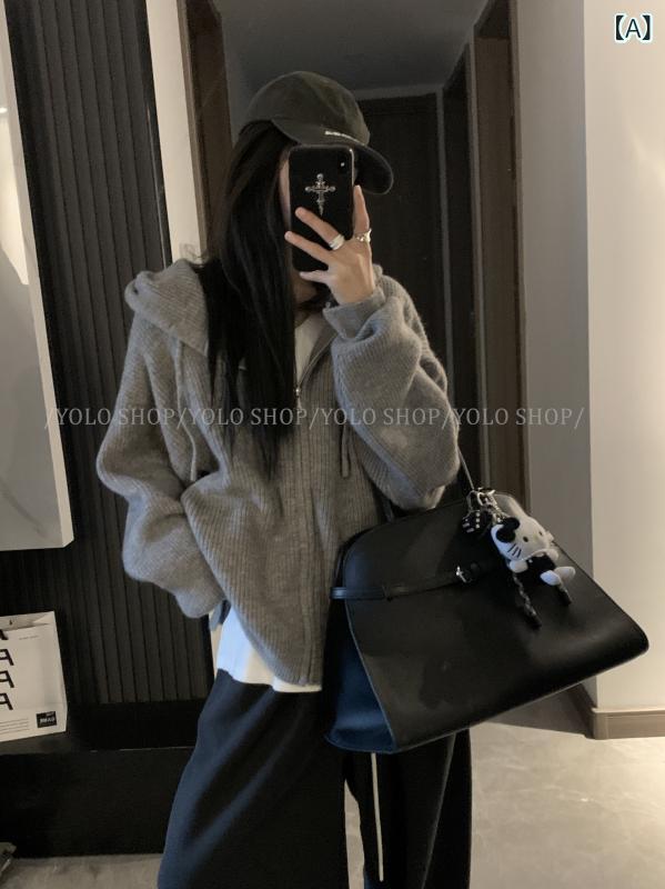 パーカー ボンネット付き添い人 編み物 YOLOSHOP スタッキング 20 韓国 ボンネット付き添い人 スウェーターと 表現スタイル 編み物ジレー ファスナー 上衣