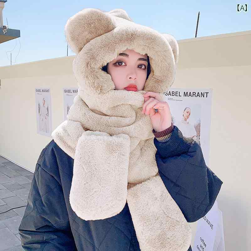 うさぎ耳 帽子 かわいい 女性用 クマ 帽子 冬 かわいい 暖かい ぬいぐるみ 手袋 フード付き ネック スカーフ 3点 セット