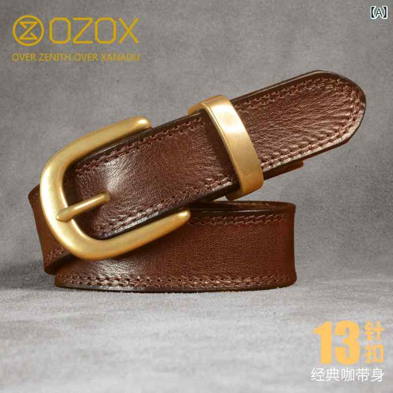レディース 三尺帯 心地好い OZOX レディース三尺帯 革 ピン バックル レトロ第一層 牛皮 流行り物 銅 デニム 三尺帯 レディース