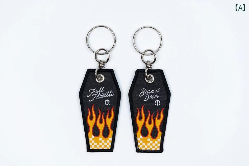キーホルダー　アクセサリー　メタル METALIZE Burn It Down 炎 リボン キー リング ヴィンテージ 両面 刺繍 キーチャーム アクセサリー