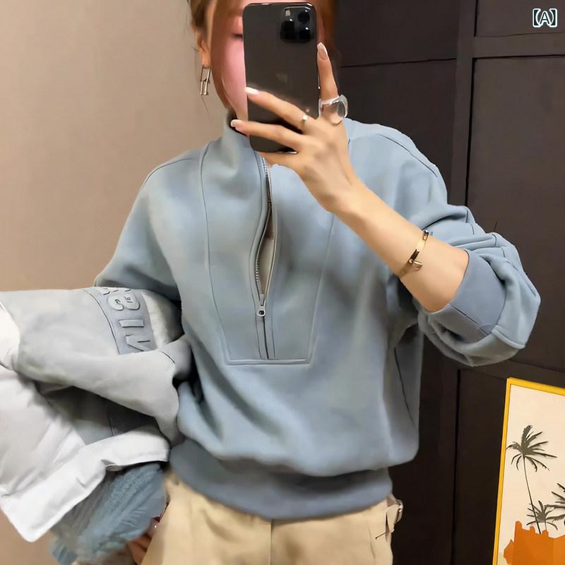 フリース　トップス　ジッパー の 商品 ファッション ブルー ハーフ ジッパー スタンドカラー ショート 長袖 セーター レディース 秋冬 カジュアル トップス