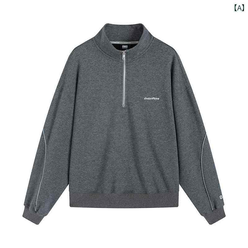 フリース　トップス　ジッパー OMG スポーツ ショート スタンドカラー スウェットシャツ メンズ ハーフ ジップ プルオーバー ジャケット 春秋 ゆったり カジュアル