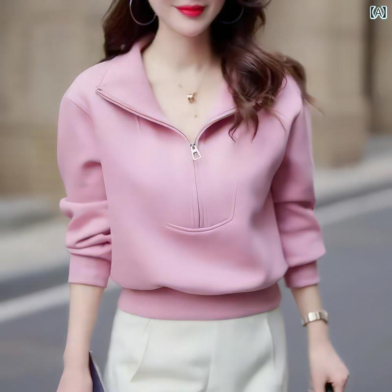 フリース　トップス　ジッパー 瑞 平 韓国 半 ジッパー スタンドカラー ピンク セーター 女性 2025 秋冬 シンプル 万能 厚手 トップス