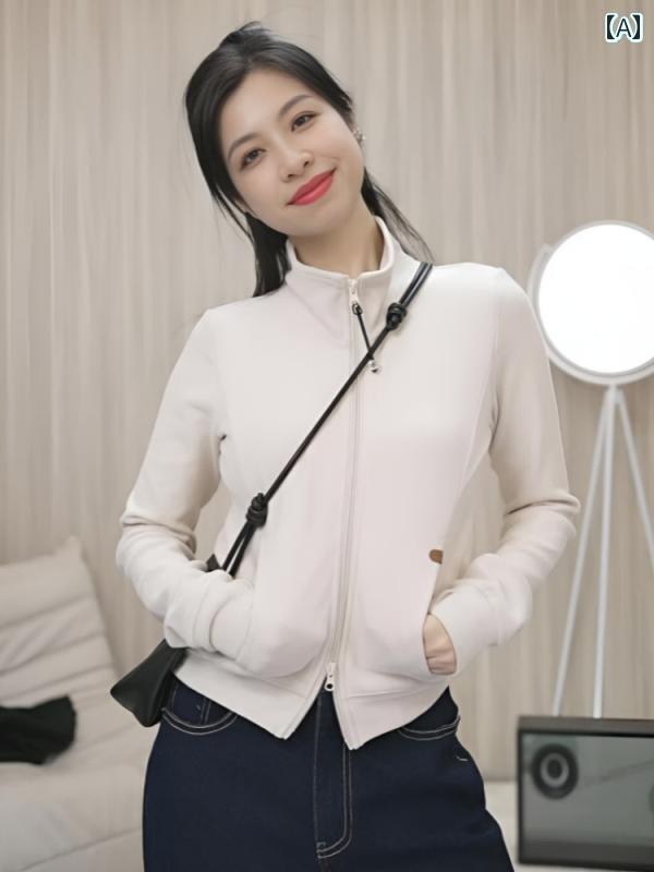 ジッパー　ジャケット　カジュアル 女性用 ダブル ジッパー スタンドカラー スウェットシャツ 2025 春秋 カーディガンジャケット