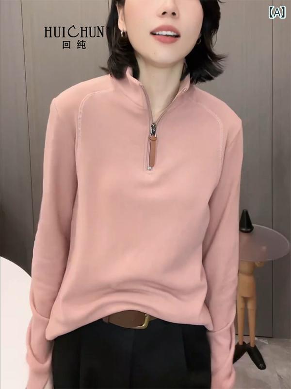 ジッパー　ジャケット　カジュアル 秋冬用 スタンドカラー ハーフ ジッパー スウェットシャツ 太った 女性用 新型 両面 ドイツ 裏起毛 暖かい レイヤリング シャツ で スリムトップス