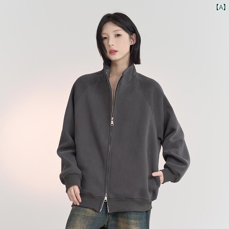 ジッパー　ジャケット　カジュアル ユニバーサル グラビテーション ミュージアム 無地 スタンドカラー スポーツ ジャケット レディース 2024秋 ラグランスリーブ トップ画像