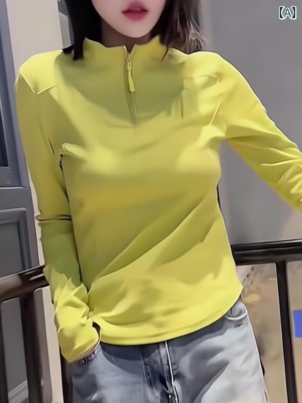 ジッパー　ジャケット　カジュアル の 商品 スタンドカラー ハーフ ジッパー イエロー Tシャツ レイヤリング シャツ レディース 春 ファッション ウエスト スリミング トップス