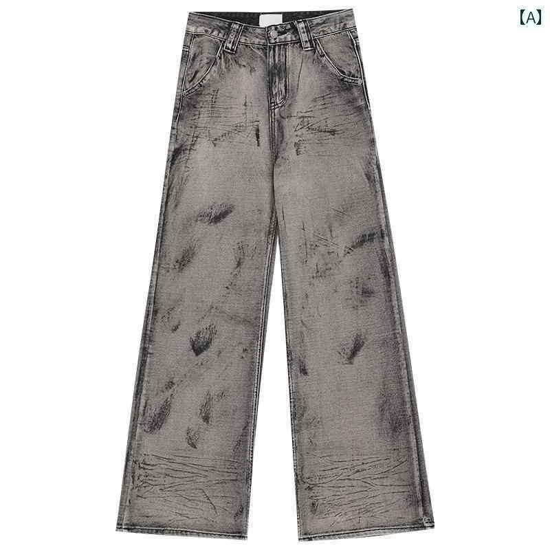 ワイド　パンツ　ボトムス ABWEAR Vector Ru レトロ ウェイストランド 絞り 染め ワイド レッグ 裏起毛 ジーンズ 秋冬 ストレート パンツの 女性用