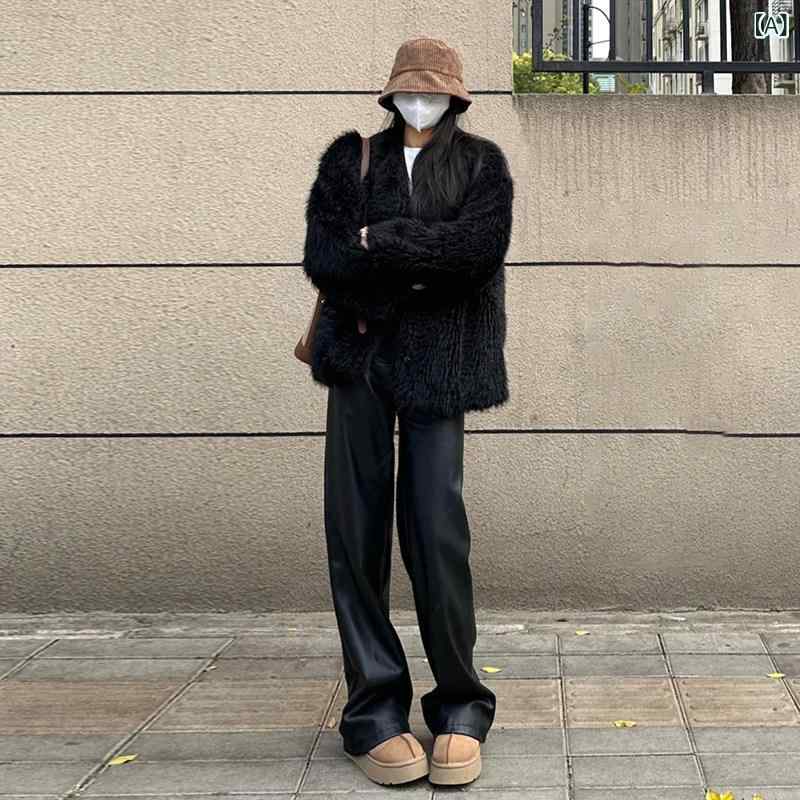 ボトムス レディース スリム 細身の レザーパンツ ワイド レッグ パンツ レディース 2025 ホット スタイル 秋冬 ブラック ハイエンド マット ハイウエスト ストレート