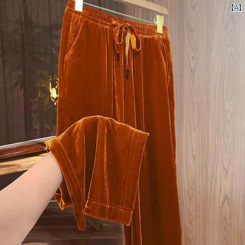 ボトムス　レディース　スリム ゴールド ベルベット パンツ レディース 2025 カジュアル ドレープ ワイド レッグ 春秋冬 ハイウエスト スリム ストレート