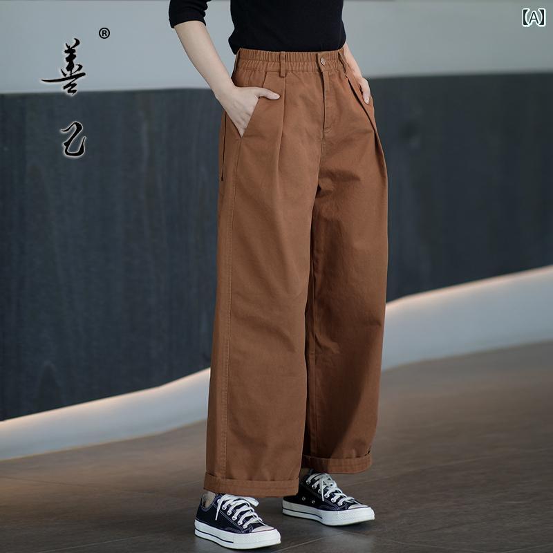 ボトムス レディース ゆったり Shanji 春 コットン ワイド レッグ パンツ レディース 2025 アーティスティック ワークウェア スタイル ハイウエスト スリミング カジュアル ストレート