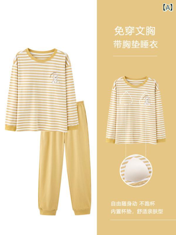 ストライプ　パジャマ　スウェット Langsha 綿 パジャマ 女性用 春秋 長袖 胸 パッド 付き オール イン ワン ウェアラブル ストライプ 大きいサイズ ホームウェア セット