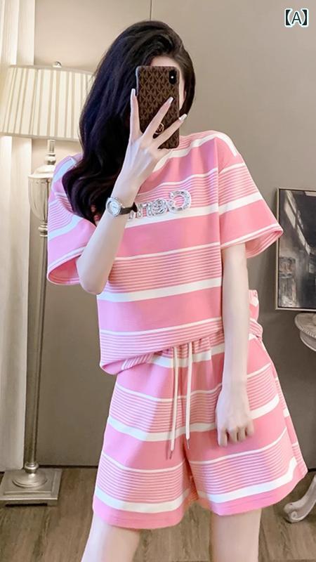 ストライプ パジャマ スウェット 高級 2025年 アウトドア ホームウェア 女性用 夏用 綿 半袖 ショート パンツ ストライプ パジャマ セット