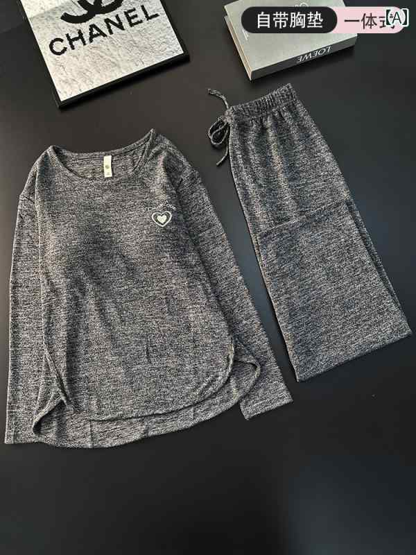 ストライプ　パジャマ　スウェット 春秋 女性用 パジャマ 綿の 長袖 胸 パッド 付き 屋外で 着用 可能 シンプル ホームウェア スーツ ツーピース ラウンドネック 春と 夏