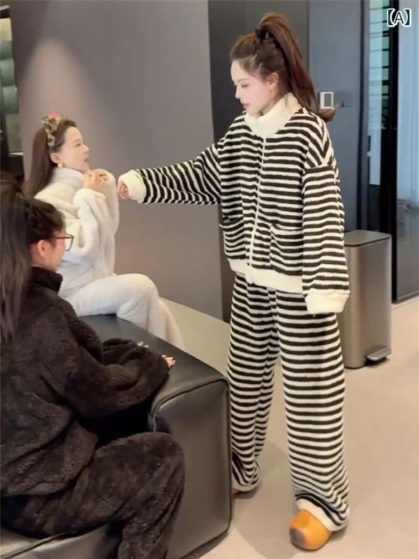 パジャマ　セット　スウェット ストライプ ハーフ エッジ ベルベット パジャマ 女性用 秋冬 2024 厚手 暖かい アウターウェア ホームウェア スーツ ツーピース セット