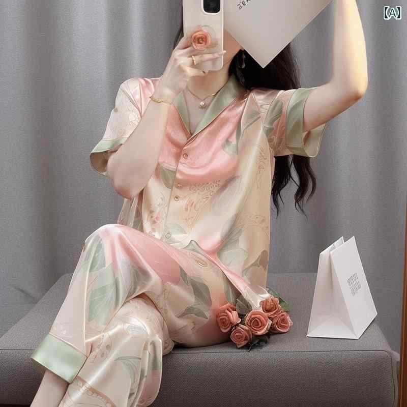 絹地 パジャマ レディース 小 襟の 花柄 パジャマ レディース 半袖 ズボン 介護ホーム 服 ジレー 夏 冷感 韓国 中国 如何様物 絹地