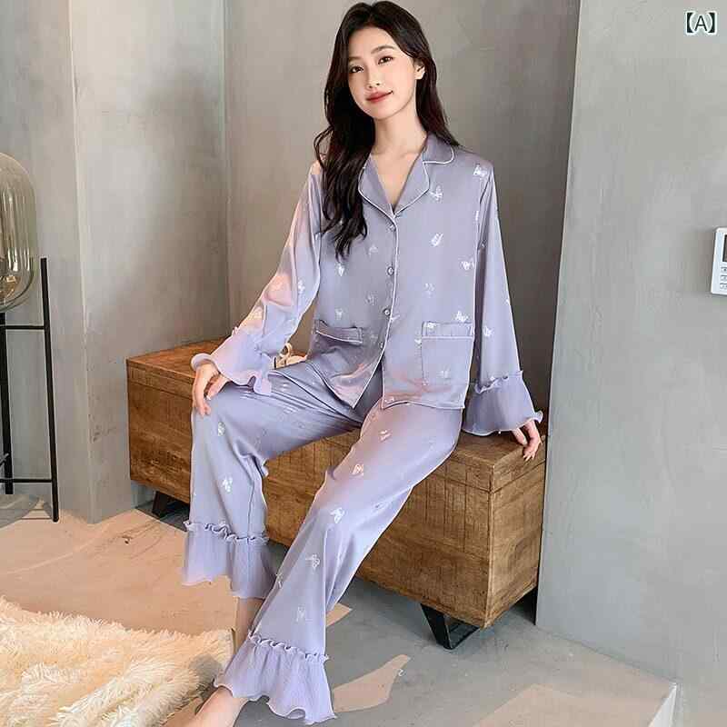 シルク　パジャマ　レディース 春夏の 女性用 パジャマ 薄手 氷の シルクの 長袖 メッシュ レース ハイエンド 蝶の スタイル 大きいサイズ ホームウェア
