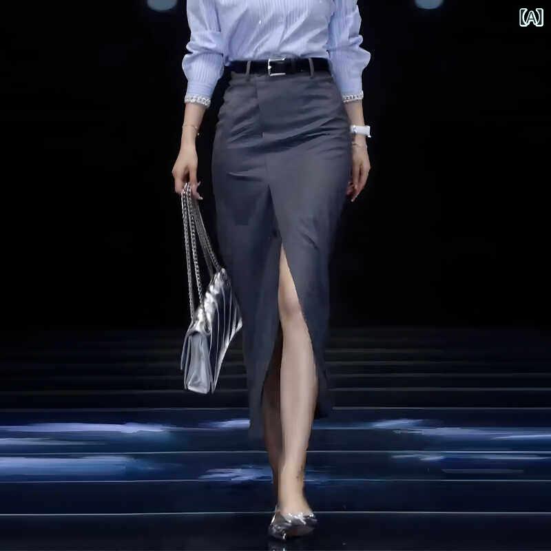 レディース　スカート　ハイウエスト グレー スーツ スリットスカート 女性用 2025 春 ハイウエスト ヒップ 大きいサイズ カバー ロング スカート