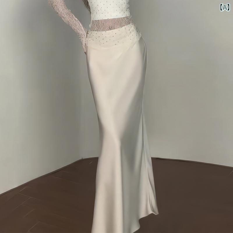レディース　スカート　ハイウエスト 高級 スリム フィッシュ テール スカート 女性用 2025 秋 スタイル サテン シルキー ハイウエスト ドレープ ロング