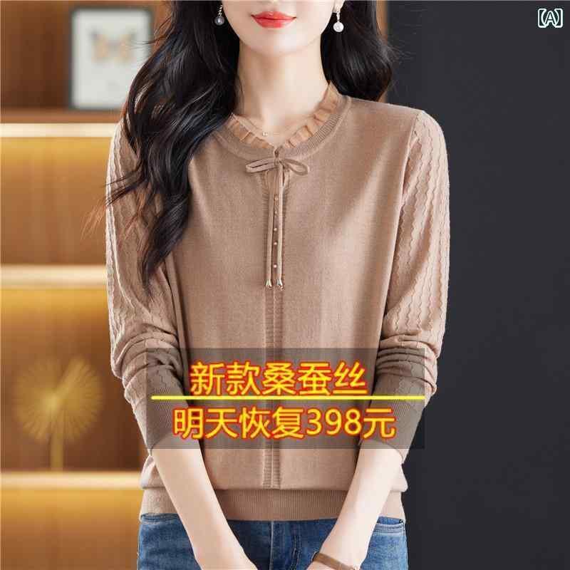 レディース　シャツ　レース 秋 マルベリー シルク 長袖 Tシャツ 女性用 で スタイリッシュな メッシュ Vネック バタフライ ニット 薄 底 シャツ