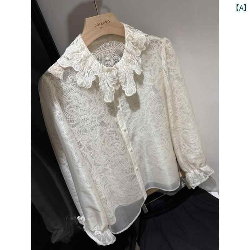 レディース　シャツ　レース ダブル シルクオーガンザ 彫刻 花の 襟 マルベリー シルク パールボタン レースの 花びら 襟の 長袖 シャツ