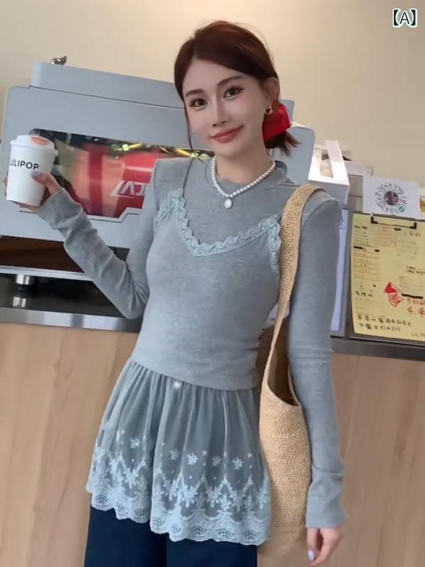 レディース　シャツ　レース ファッション 優しい ホット ガールの ツーピース レース スプライシング 長袖 Tシャツ レイヤリング シャツ 女性 レイ ヤード トップ