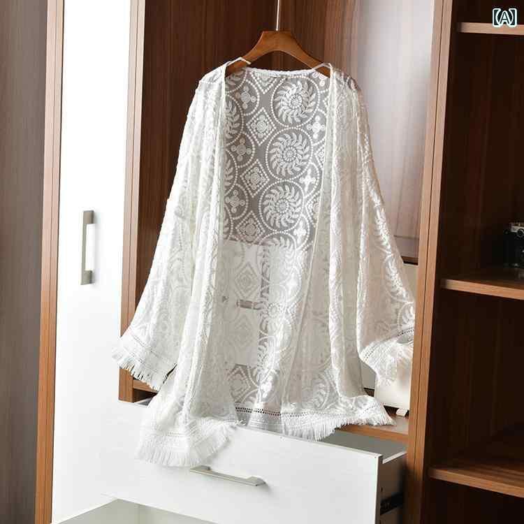 レディース　シャツ　レース シルク 水溶性 レース タッセル 刺繍 カーディガン レディース ゆったり 日焼け防止 服 2025 ビーチ 薄手 アウター ショール