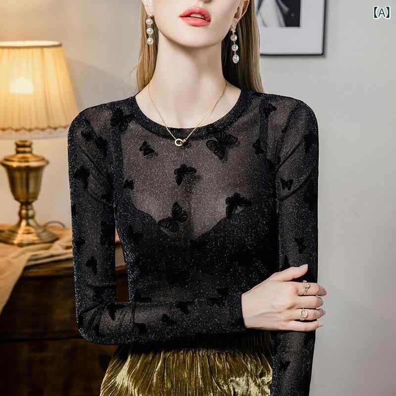 レディース　シャツ　レース　シルク 明るい シルク メッシュ レイヤリング シャツ 女性 2025 秋 スタイル インナーウェア ウエスタンスタイル トップ バタフライ セクシー マイクロ 透明 レース
