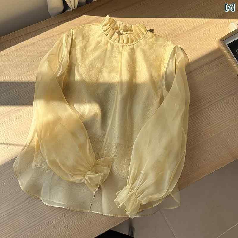 レディース　シャツ　レース　シルク Nanyin ? チャイナ風 桑の 絹の スタンドカラーの ボトムトップの レースの レイ ヤード シャツ 女性用